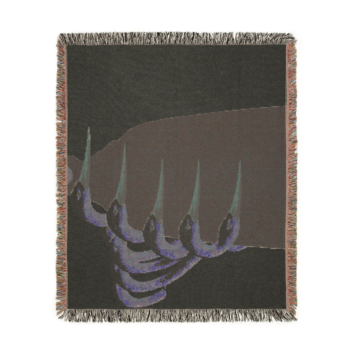 PURETE 100% cotton woven throw blanket featuring a dark graphic design with colorful fringed edges.
