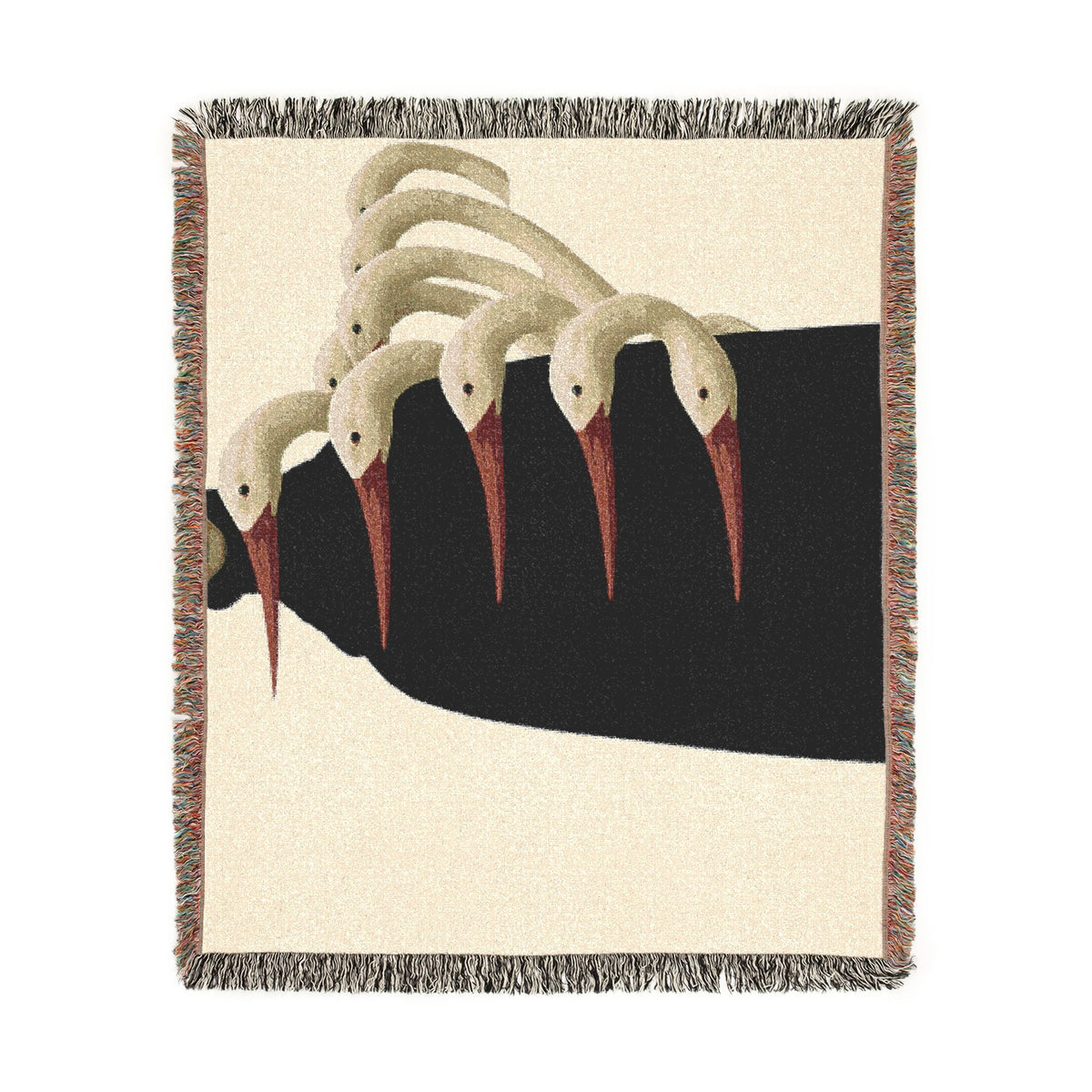 PURETE woven cotton throw blanket featuring a surreal graphic of white birds on a black background with colorful fringe