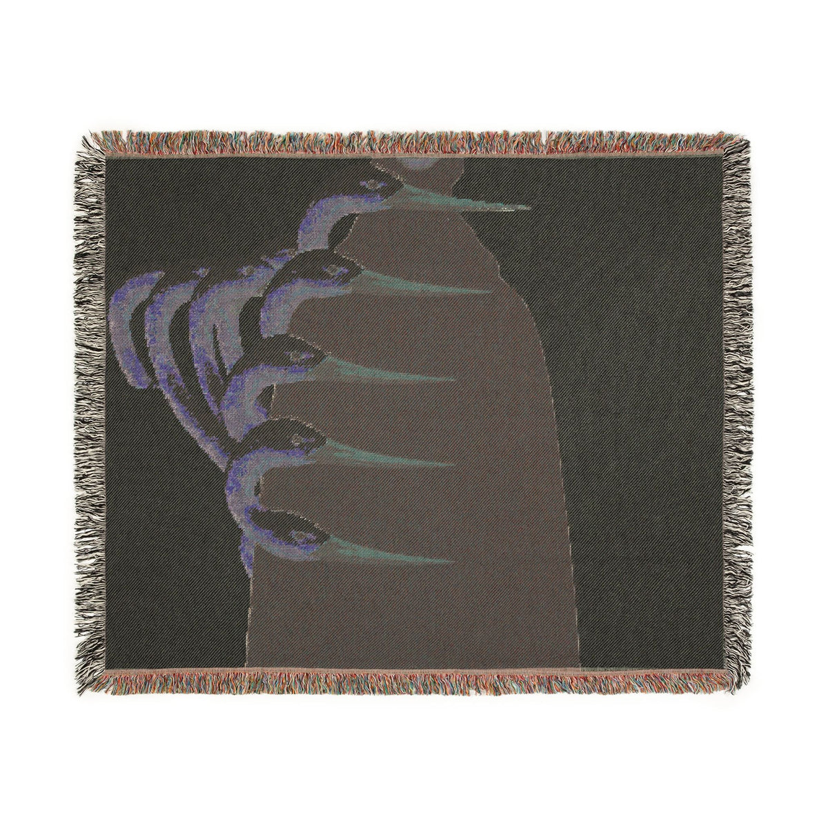 PURETE woven cotton throw blanket featuring dark abstract graphic art and colorful fringed edges.
