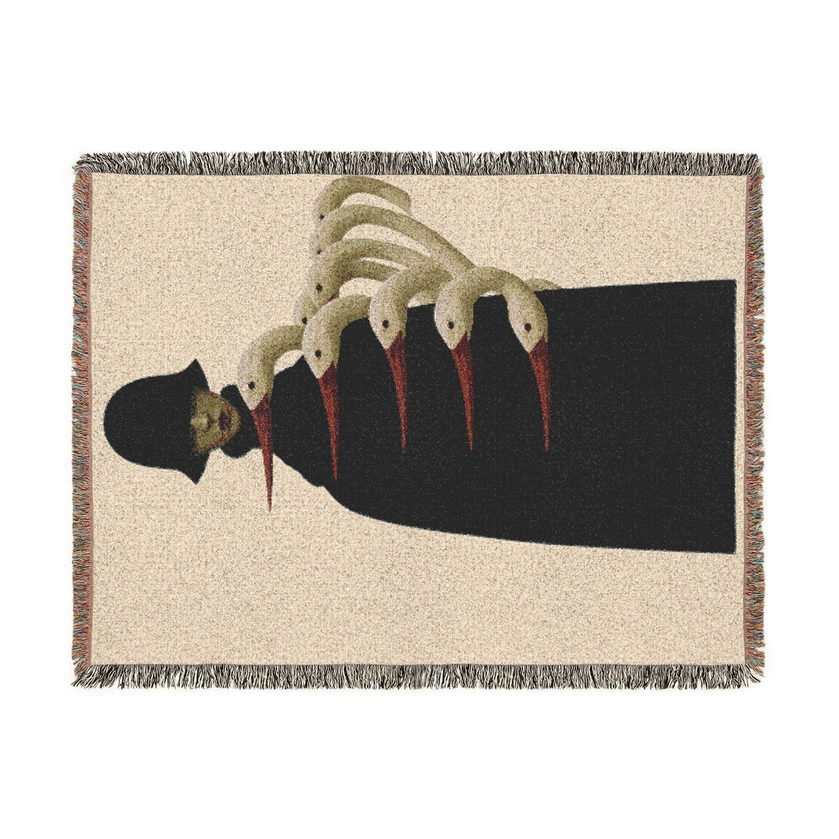 PURETE woven cotton throw blanket featuring a surreal illustration of a figure with swan necks and colorful fringe.