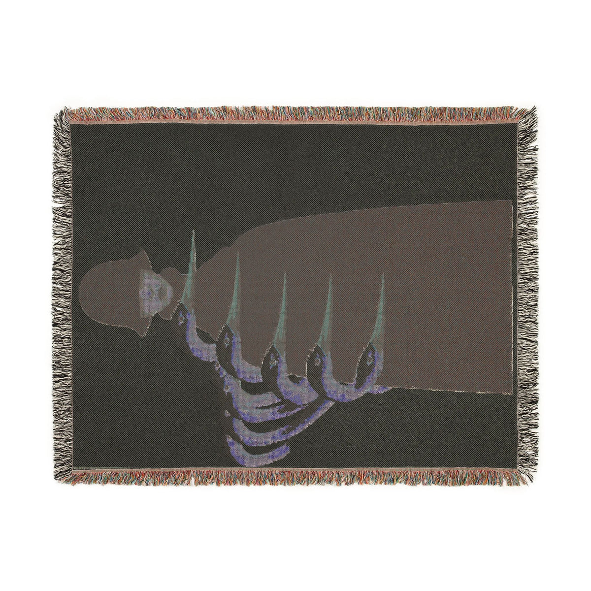 PURETE woven cotton throw blanket featuring a dark graphic design of a hand with long fingers and colorful fringe
