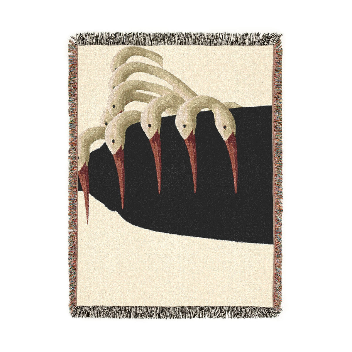 PURETE woven cotton throw blanket featuring a surrealist illustration of white birds with red beaks and colorful fringe
