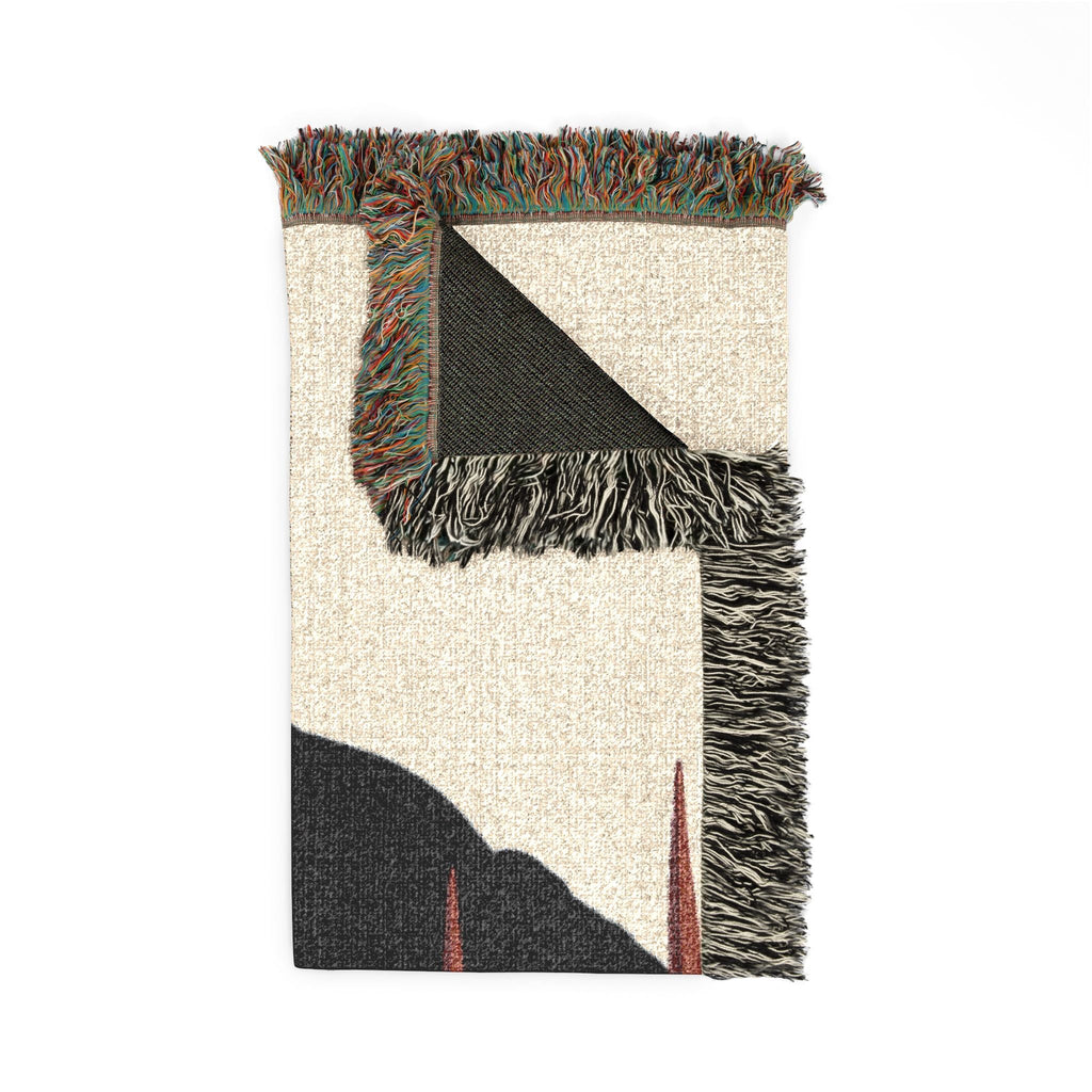 PURETE woven 100% cotton throw blanket with colorful fringed edges and abstract graphic design on a white background.