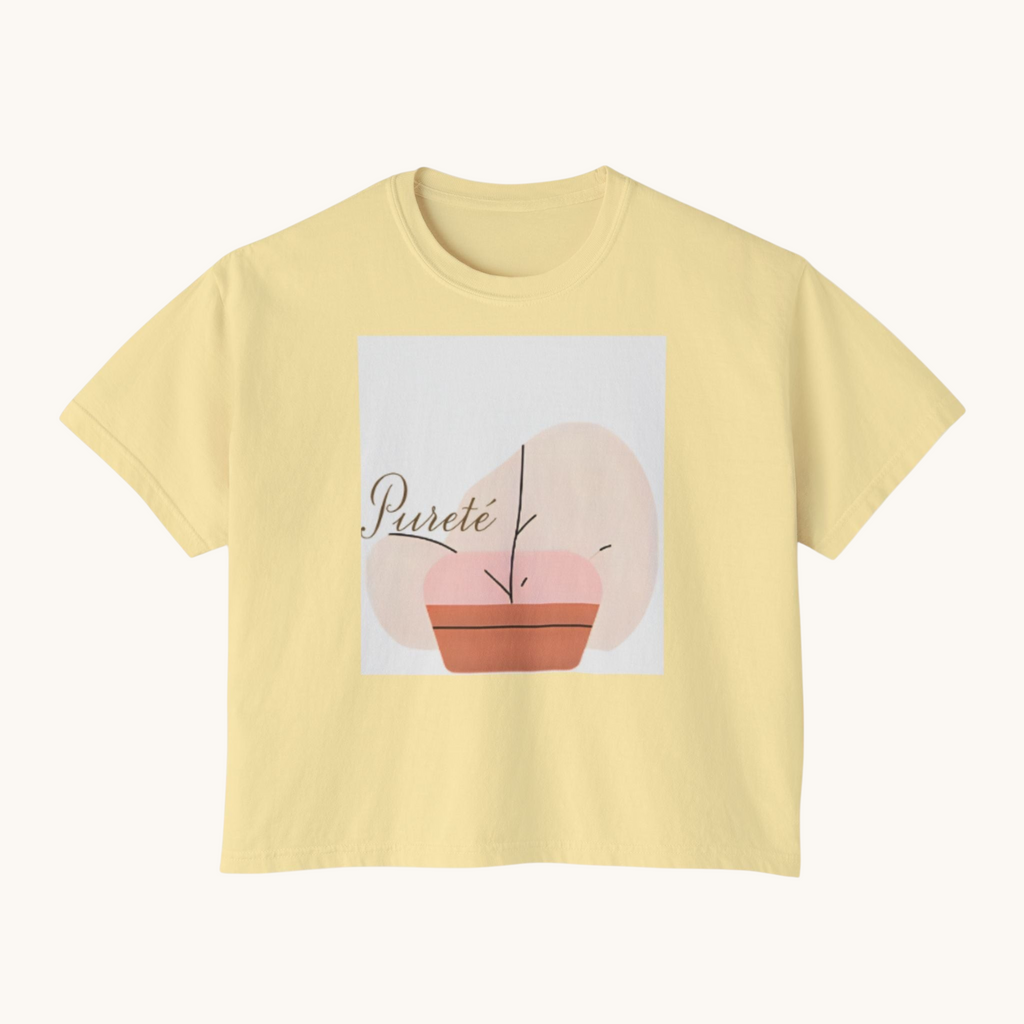 PURETE women's oversized boxy yellow cotton t-shirt with a minimalist abstract plant graphic print