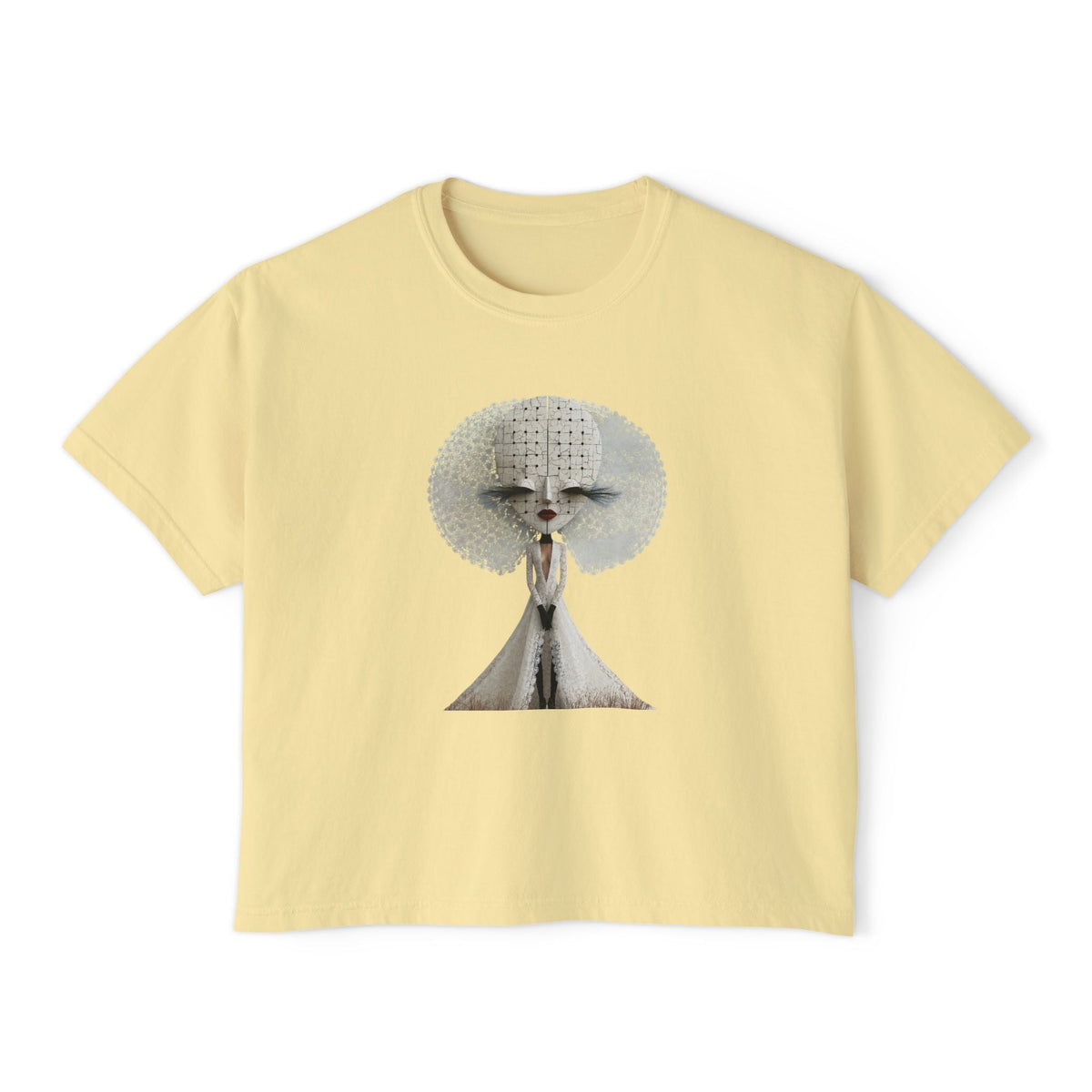 PURETE boxy cropped t-shirt in pale yellow cotton with a vintage-style graphic of a stylized dog portrait.
