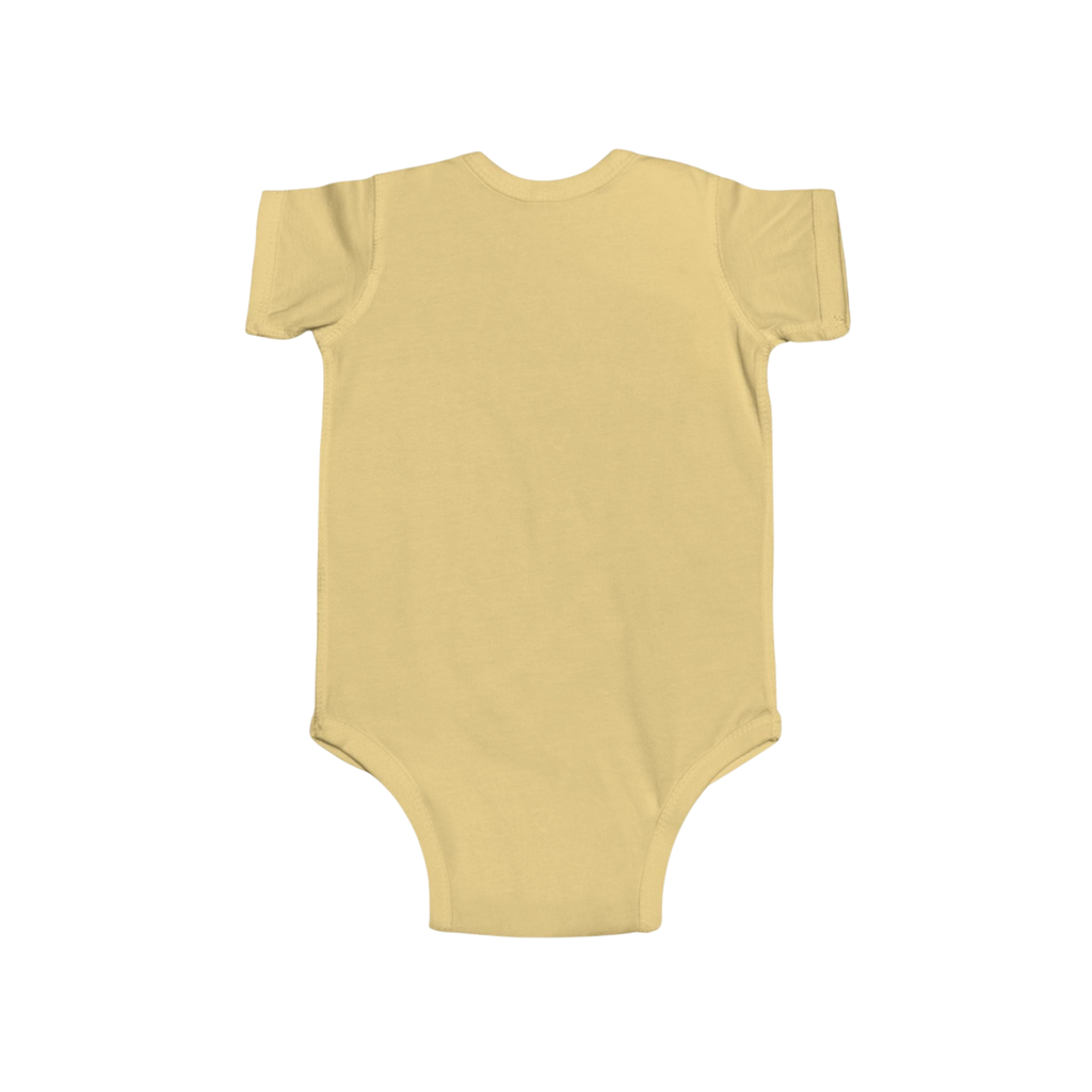 PURETE infant bodysuit in soft yellow cotton with short sleeves and envelope neckline, back view