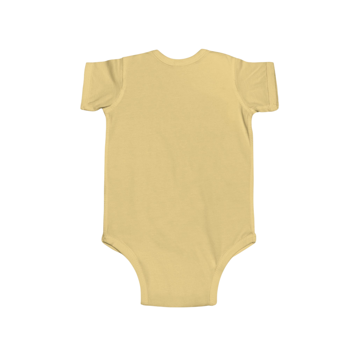 PURETE infant bodysuit in soft yellow cotton with short sleeves and envelope neckline, back view
