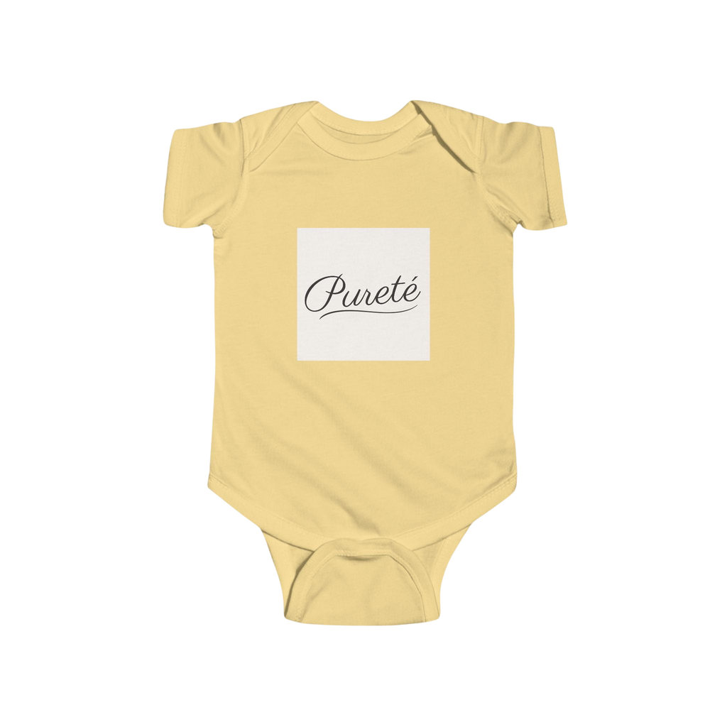 PURETE soft yellow infant bodysuit with a white square chest patch featuring elegant black French script text
