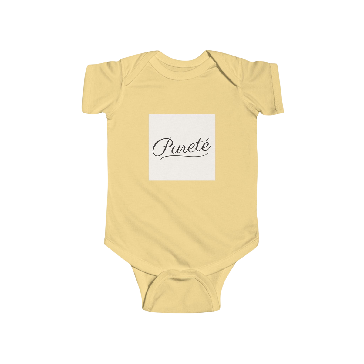 PURETE soft yellow infant bodysuit with a white square chest patch featuring elegant black French script text