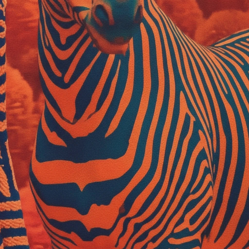 PURETE hardcover journal featuring a vibrant orange and dark blue zebra stripe pattern with a smooth matte finish.